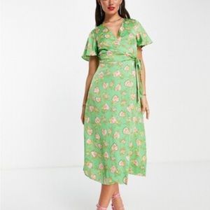 Never Fully Dressed lime green heart print midi wrap dress